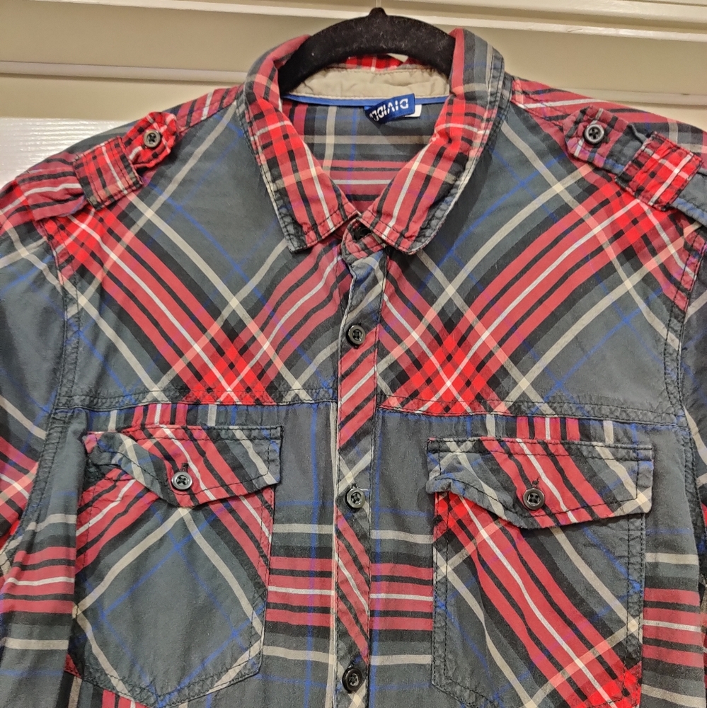 Red Blue Black Button Down Plaid Shirt